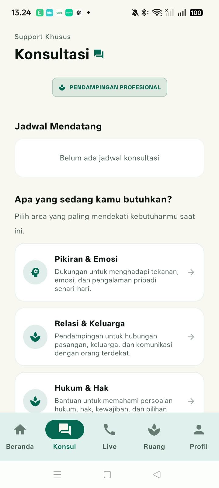 Layar Menu Konsultasi dan Pendampingan Profesional di Teman Bicara