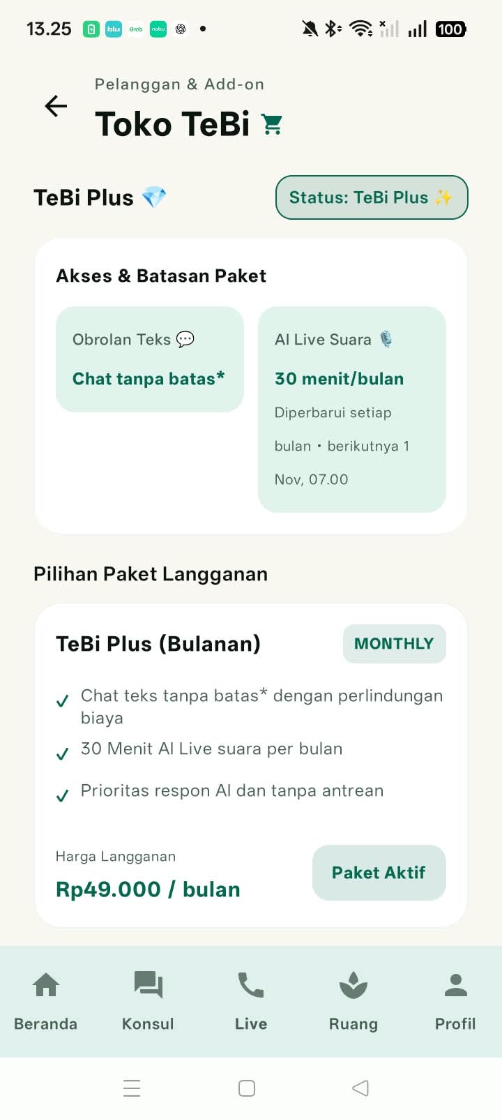 Layar 7 — Toko TeBi dan Paket Langganan